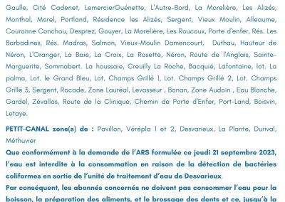 Communiqué  du 21 septembre 2023 : Interdiction de consommation de l’eau au Moule et à Petit-Canal