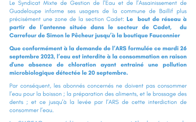 Communiqué  du 26 septembre 2023 : Interdiction de consommer l’eau à BAILLIF