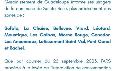 Communiqué  du 26 septembre 2023 : Levée d’interdiction de consommation de l’eau à Sainte-Rose