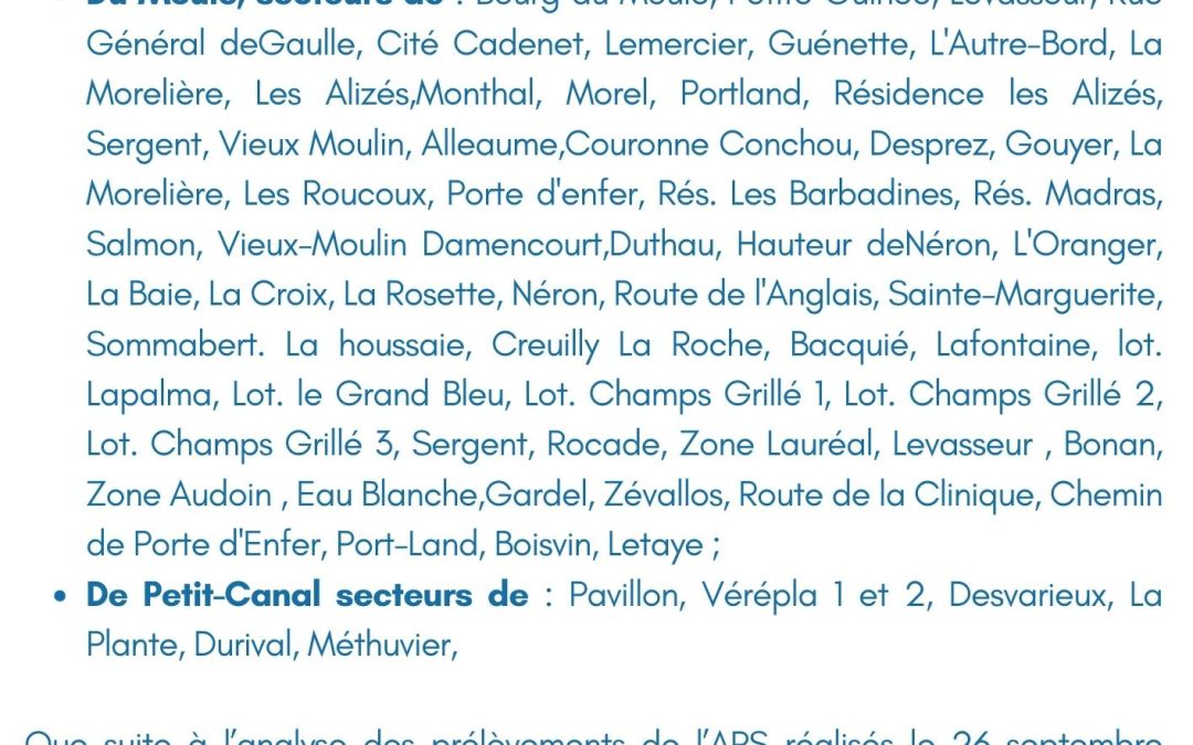 Communiqué  du 29 septembre 2023 : Levée d’interdiction de consommation de l’eau au Moule et à Petit-Canal