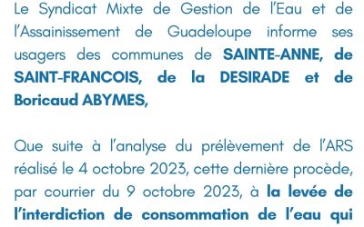 Communiqué  du 9 octobre 2023 : Levée d’interdiction de consommation de l’eau à Sainte-Anne, Saint-François, la Désirade et Boricaud Abymes