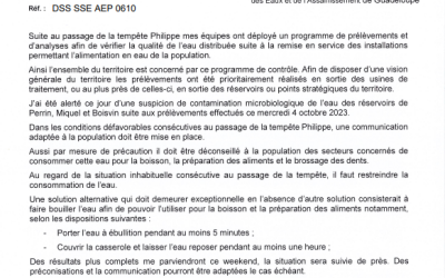 Communiqué Alerte ARS-Non potabilité post Tempête Philippe -Abymes et Pointe à Pitre et Morne à l’Eau
