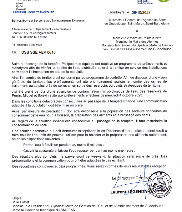 Communiqué Alerte ARS-Non potabilité post Tempête Philippe -Abymes et Pointe à Pitre et Morne à l’Eau