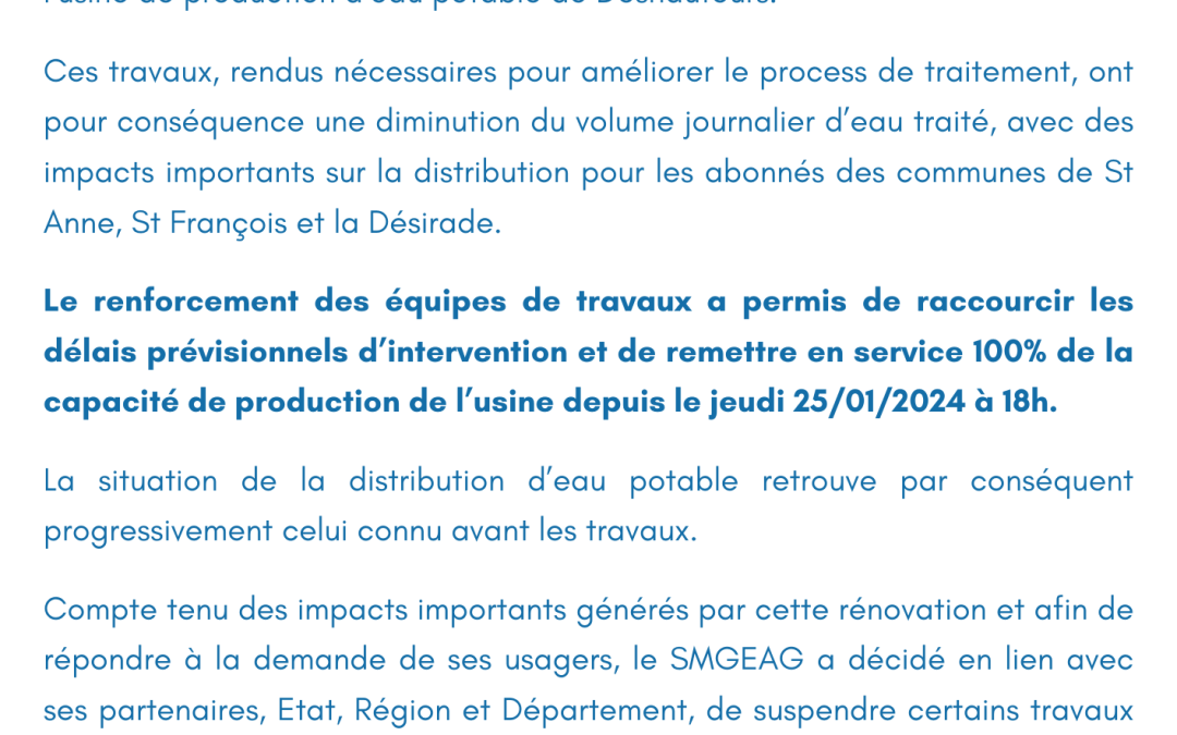 Communiqué- SUSPENSION DES TRAVAUX DE L’USINE DE DESHAUTEURS REMISE EN SERVICE DE LA DISTRIBUTION