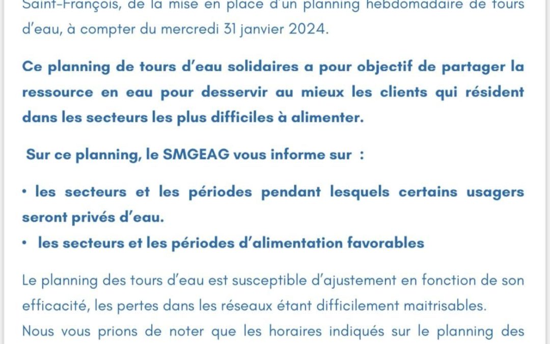Communiqué et planning des tours d’eau à Sainte-Anne et à Saint-François
