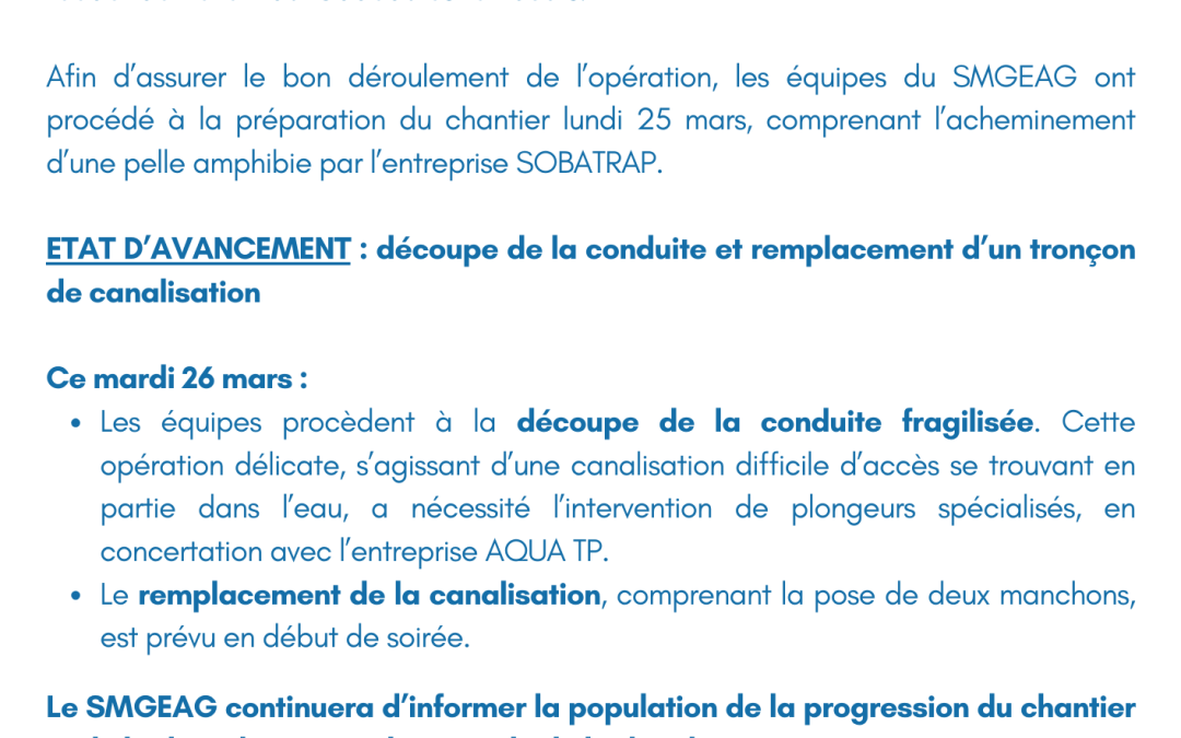 Communiqué : POINT D’ETAPE SECONDE REPARATION DU FEEDER