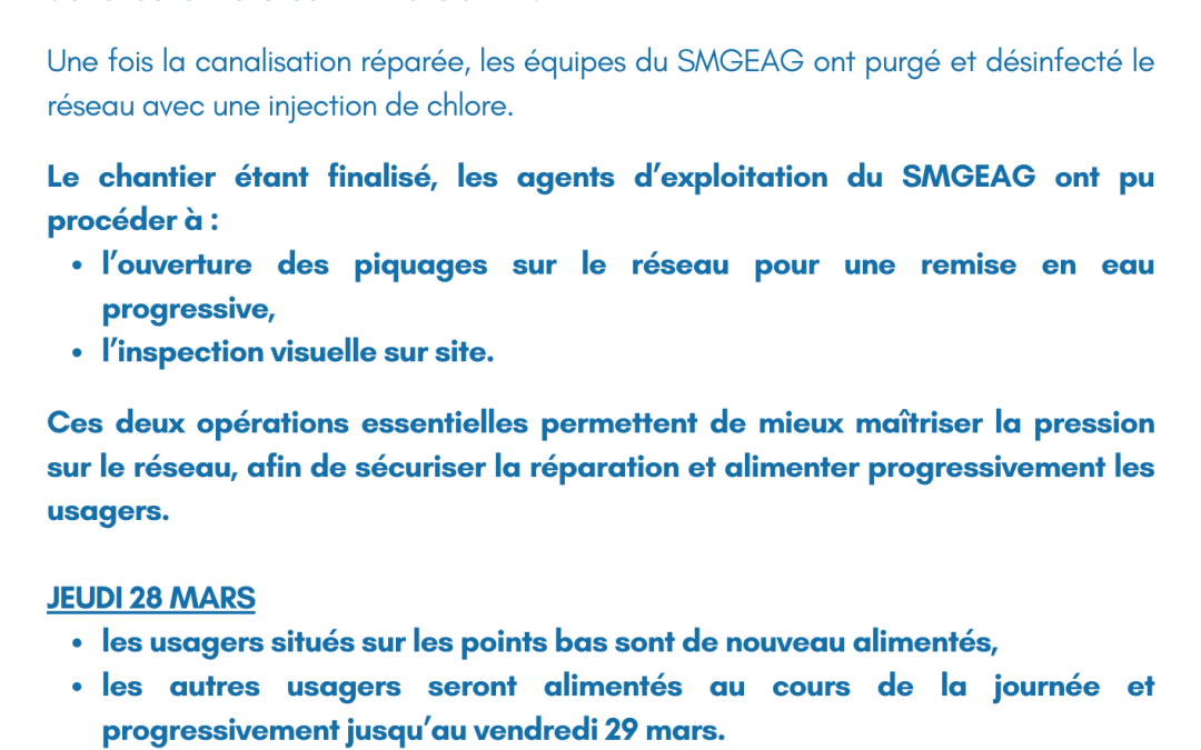 Communiqué : REMISE EN EAU – SECONDE REPARATION DU FEEDER