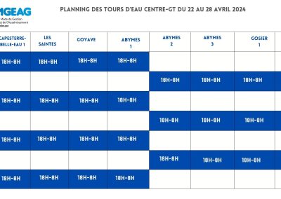 Planning des tours d’eau: Capesterre-Belle-Eau, Les Saintes, Goyave, Les Abymes et Le Gosier jusqu’au 28 avril