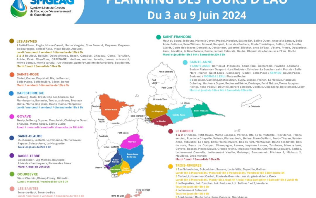 Planning des tours d’eau du 3 au 9 juin 2024 : Territoires Centre, Grande-Terre et Basse-Terre