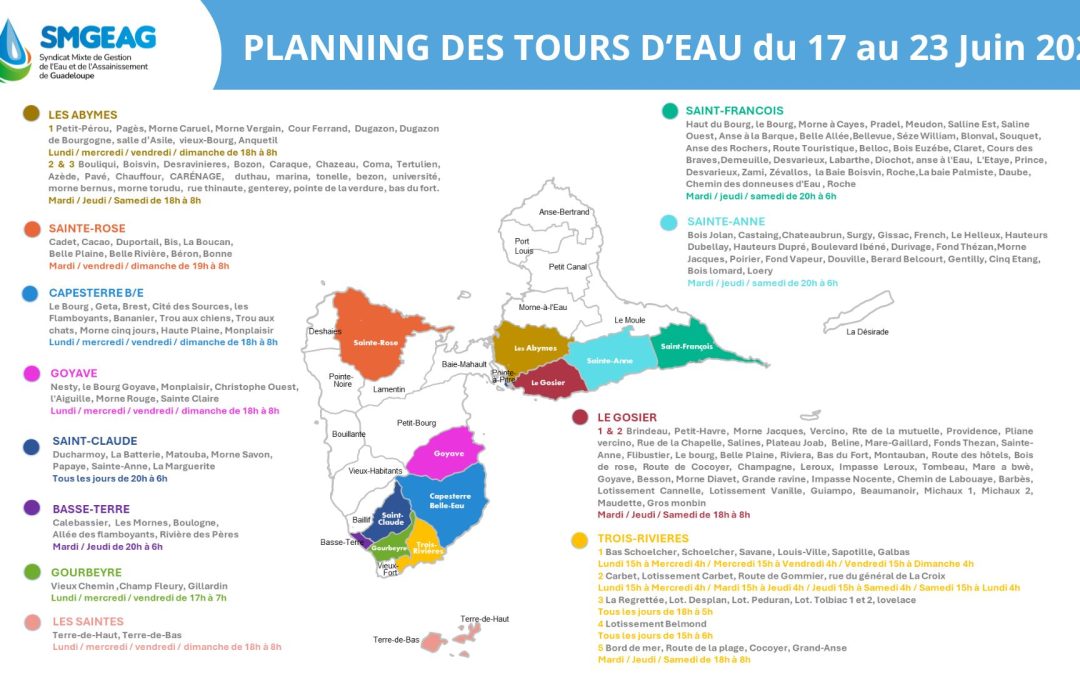 Planning des tours d’eau du 17 au 23 juin : Centre, Basse-Terre, Grande-Terre