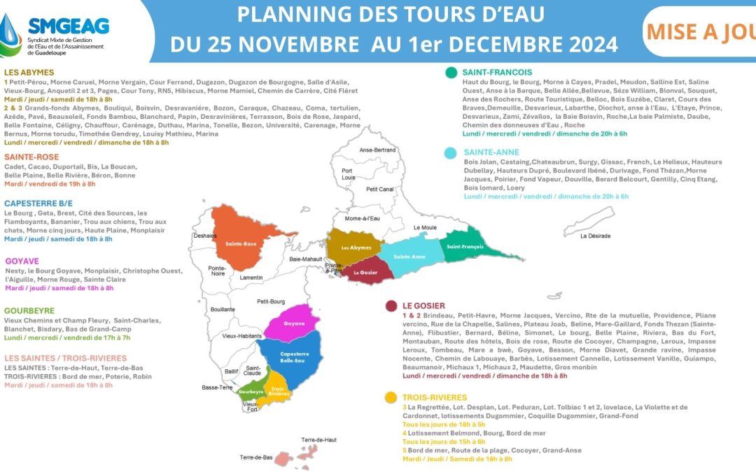 MISE A JOUR : Planning des tours d’eau du 25 novembre au 1 Décembre 2024