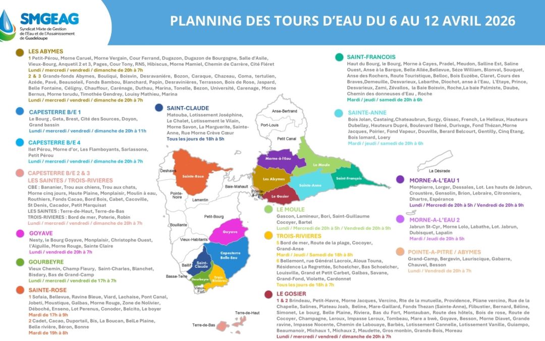 Planning des tours d&rsquo;eau du 6 au 12 avril 2026