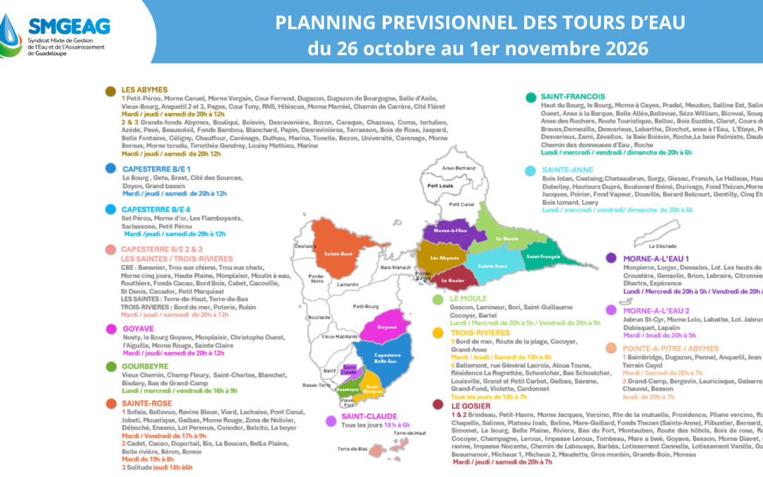 Planning des tours d&rsquo;eau du 26 octobre au 1er novembre 2026